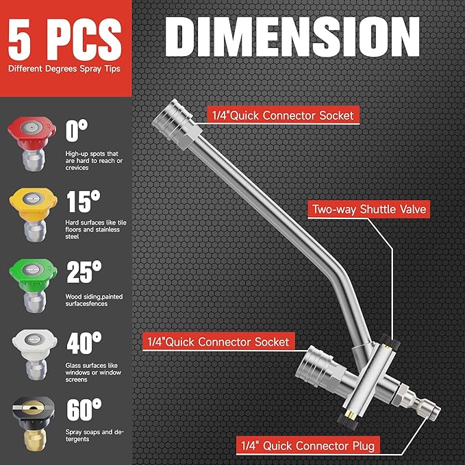 High-Pressure Washer Foam Cannon Accessory, Dual-Connector, 1-Liter Bottle, 5 Nozzles & High Pressure Washer Gun, 4000 PSI Max, 5 Nozzles, Anti-Kink Swivel, 1/4” Quick Connect, Compatible with M22-14