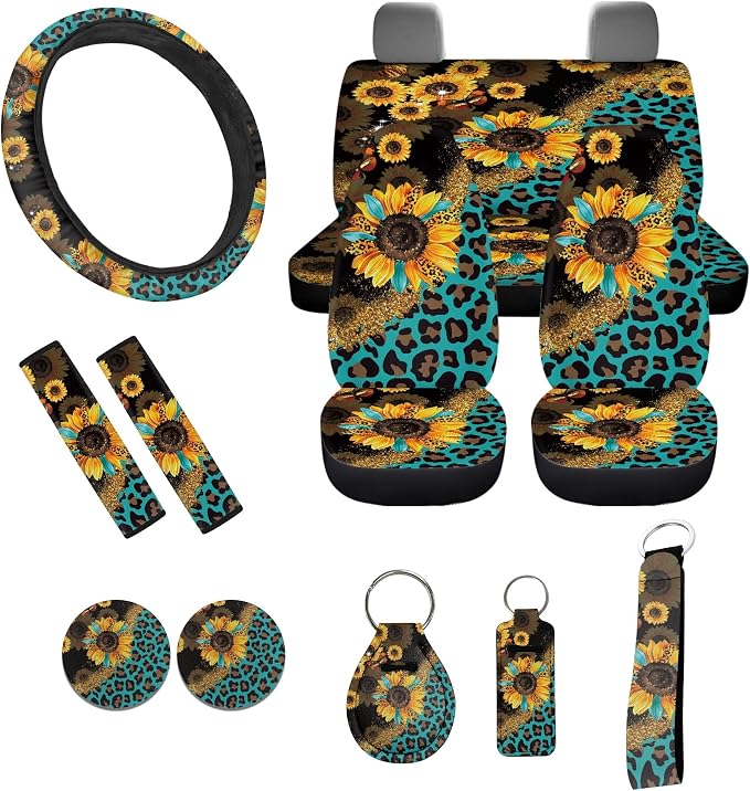 Leopard Sunflower Seat Covers for Car,11Pack Green Auto Seat Covers for Front Back,Universal Fit Most Vehicle Truck SUV,Auto Steering Wheel Cover Seatbelt Pads Keychain Cup Holder Coasters