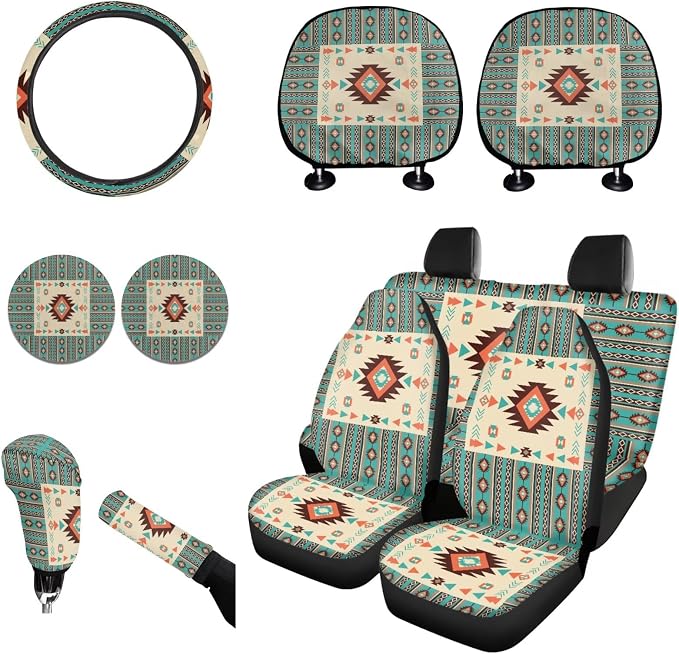 Wanyint Car Seat Cover Full Set 11 PCS, with Steering Wheel Headrest Handbrake Gear Shift Knob Cover Cup Coasters Auto Seat Cover Accessories, Southwest Aztec Beige Cyan