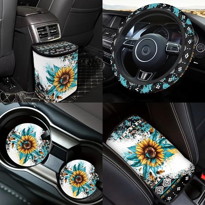 Navajo Sunflower Car Seat Covers Full Sets of 18 Pcs Sunflower Print Car Interior Accessories Sets with Anti Slip Car Seat Belt Pads Cover Leakproof Auto Trash Can Steering Wheel Cover