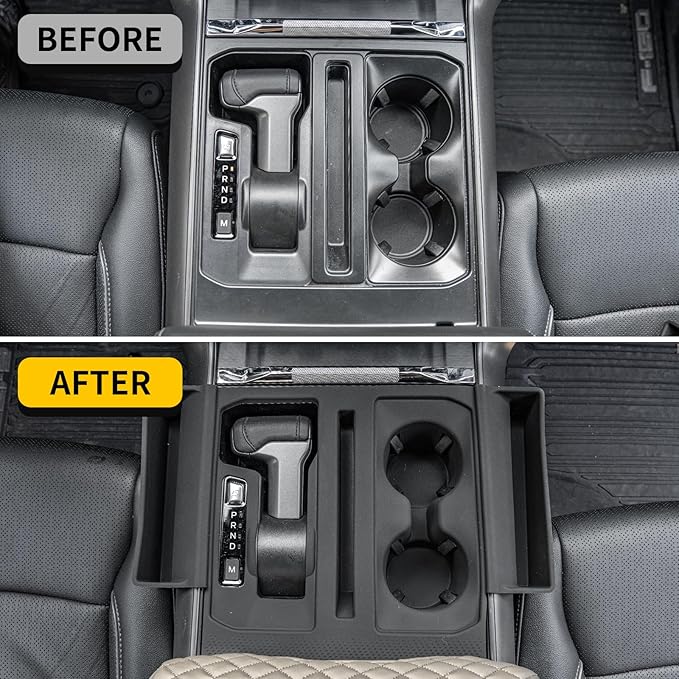 Gear Shift Panel Tray Compatible with 2021-2026 Ford F150 Center Console Storage Gear Shifter Organizer with Cup Holder Insert for 2025 F-150 Accessories (40/Console/40 with Shift Knob ONLY)