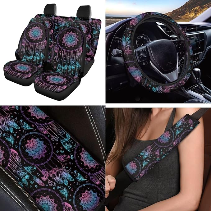 Purple Dreamcatcher Car Seat Covers Full Set 12 Pack with Steering Wheel Cover,Seat Belt Covers Cup Holder with Keychain,Novelty Automotive Protector Set Unverisal Fit Cars SUV