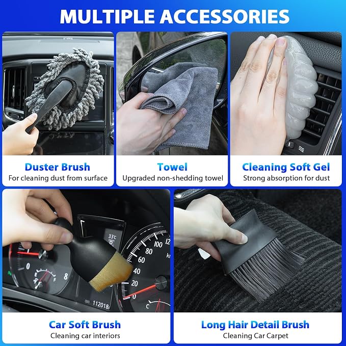 THINKWORK Car Cleaning Kit, Car Vacuum Kit, Gray Car Interior Detailing Kit with 8000PA High Power Vacuum, Including 7Pcs Detailing Brush Set and Bag