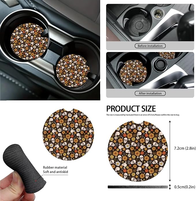 Gothic Skull Floral Print 15Pcs Car Seat Cover Full Set Car Steering Wheel Cover Seat Belt Cover Trash Bin Air Vent Storage Box Front Rear View Mirror Car Cup Holder Keychain