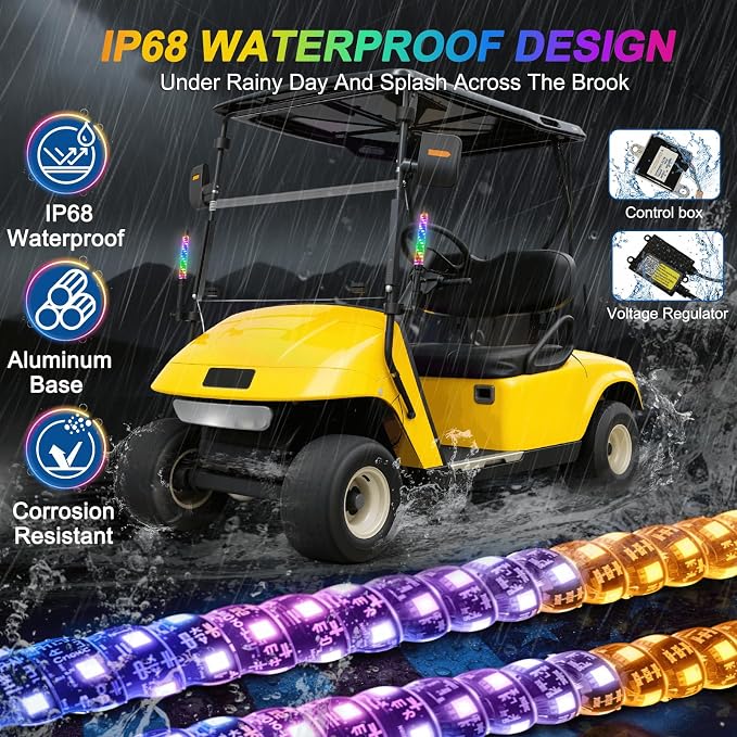 2 Pack 1FT Golf Cart Front Rail Whip Lights, LED Light Bluetooth App & Remote Control, Spiral RGB Music Chasing Lighted with Turn Reverse Brake Signal for 36V/48V/72V (Included DC Converter)