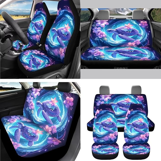 AFPANQZ Turtle Galaxy Flower Car Front Seat & Rear Bench Covers + Steering Wheel Cover 15" + Gear Shift Knob Cover + Car Handbrake Cover + Seat Belt Shoulder Pads + Car Coaster Set of 11