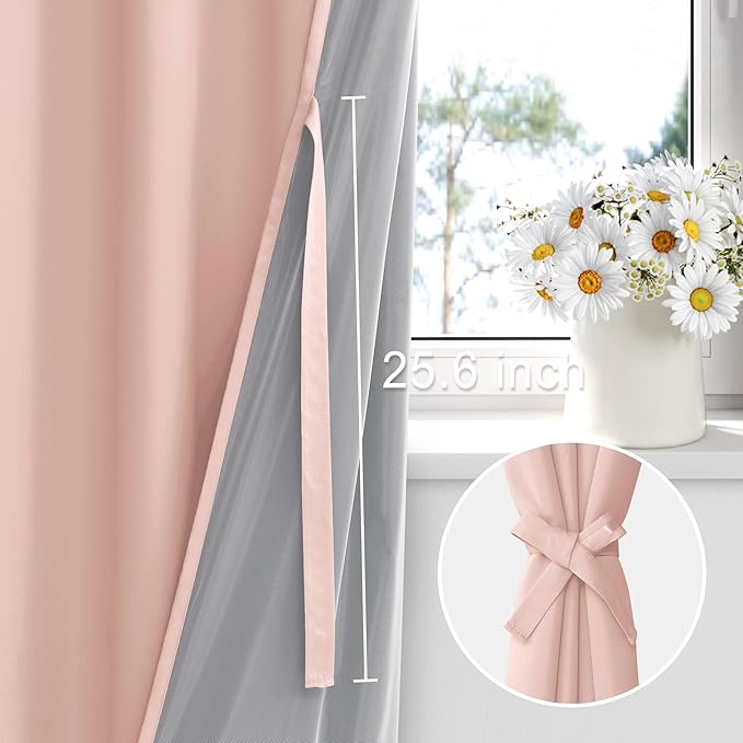 XWZO 100% Blackout Curtains 2 Panels with Tiebacks- Exra Wide Thermal Insulating and Full Light Blocking Window Curtains with Black Liner for Children Room, Grommet, Blush Pink, W70 x L84, Set of 2