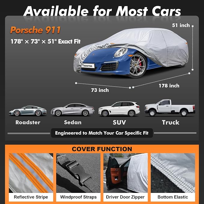 Car Cover Waterproof All-Weather,Heavy-Duty Outdoor Full Exterior Automobiles Sedan/Coupe (Length 179-185 inch) with Windshield Sun Shade Universal Fit Corvette C4 C5 C6 C7,Acura NSX etc