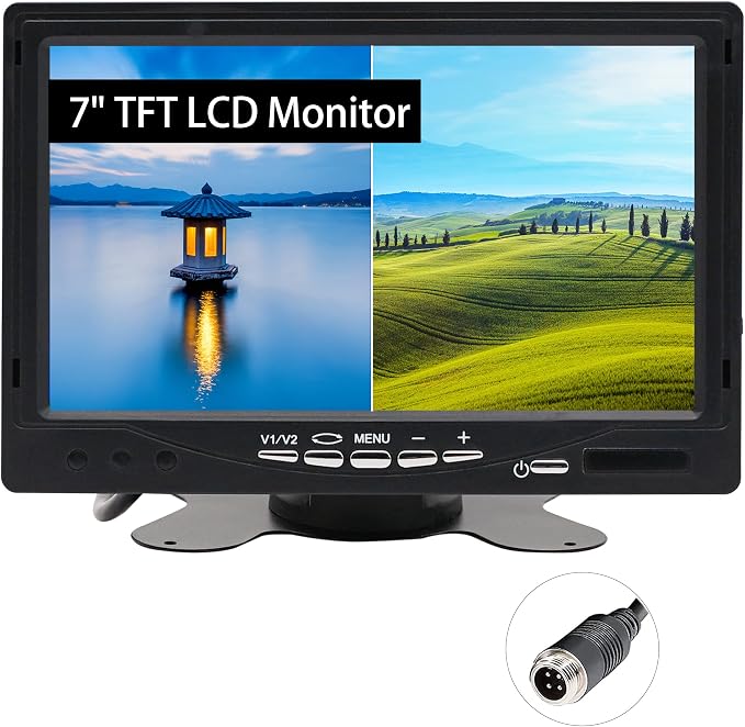 Anina 7" TFT LCD Car Monitor 2 Split Screen 4-PIN Connector Video Inputs Color Display Screen Sunshade Anti-Glare Remote Control for Car/Pickup/Truck/SUV Rear Side Front View Backup Camera Monitor