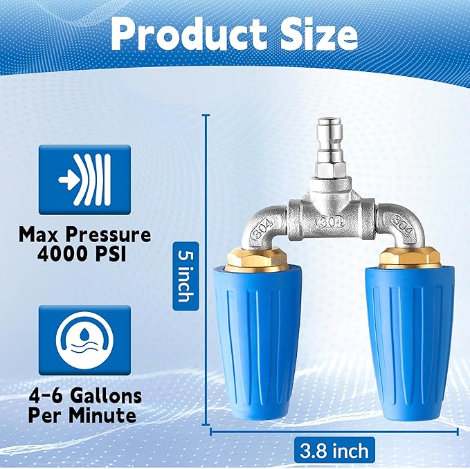 Dual Turbo Nozzle Pressure Washer, Power Washer 360° Rotating Turbo Nozzle, Twin Turbo Nozzle Tip with 1/4" Quick Connect, 4000 PSI, 4-6 GPM, 2.0 Orifice