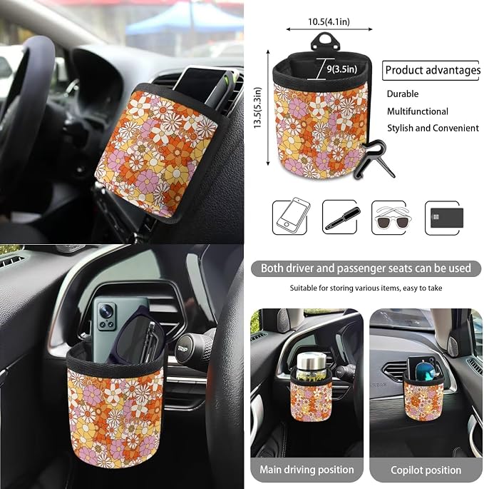 Wanyint Hippie Flower Daisy Car Seat Covers Front Back Seats Set of 15, Steering Wheel Cover Seatbelt Cushion Pad Trash Bin Air Vent Pocket Rearview Mirror Cover Cup Holder Key Chain Car Accessories