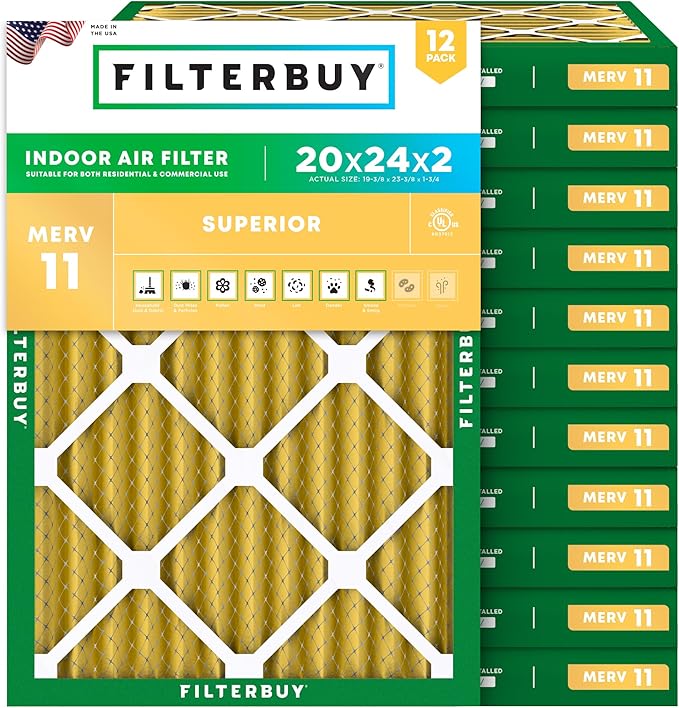 Filterbuy 20x24x2 Air Filter MERV 11 Superior Pet & Allergy Defense (12-Pack), Electrostatic Pleated HVAC AC Furnace Filters Replacement (Actual Size: 19.38 x 23.38 x 1.75)