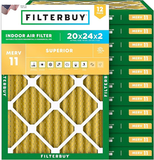Filterbuy 20x24x2 Air Filter MERV 11 Superior Pet & Allergy Defense (12-Pack), Electrostatic Pleated HVAC AC Furnace Filters Replacement (Actual Size: 19.38 x 23.38 x 1.75)