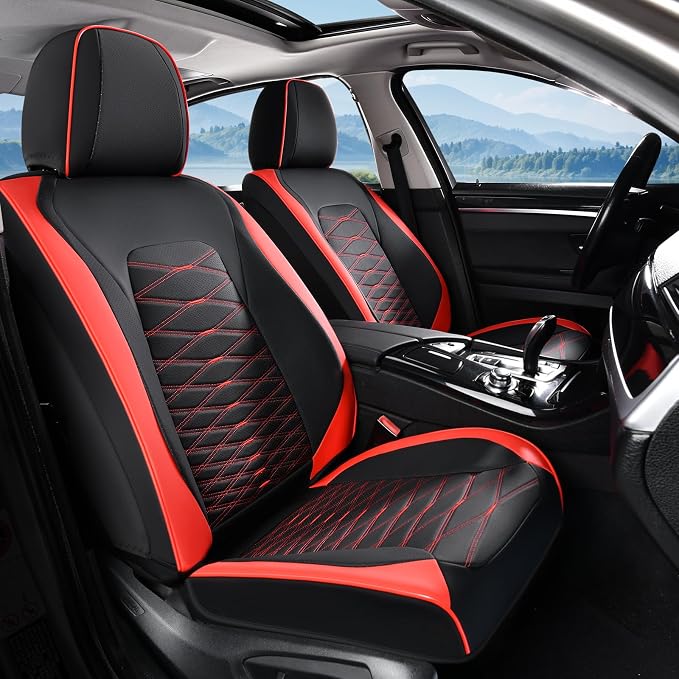 FLORICH Leather Seat Covers, Car Seat Covers Full Set, Car Seat Protector Waterproof, Front and Rear Seat Covers for Cars, Automotive Seat Covers Universal Fit for Most Cars SUV Truck - Red&Black