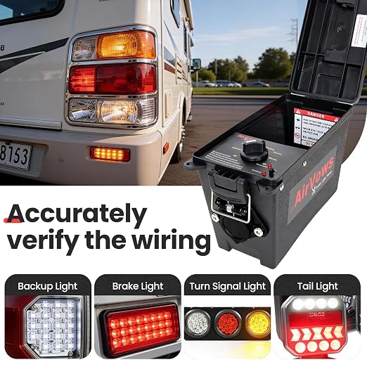 Trailer Light Tester Compatible with 7-Way Round Pin Connectors,Support Wireless Remote Control,98FT Max Remote Range,IPX8 Waterproof Case,Requires a 12V Battery (Not Included),2-Year Warranty
