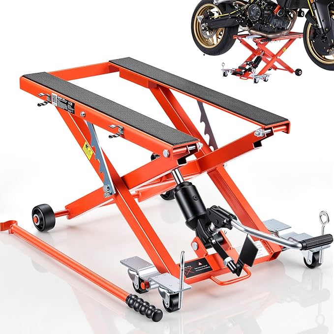 VEVOR Hydraulic Motorcycle Lift Jack, 1100 lbs Capacity, Scissor Lift Jack Portable Motorcycle Hoist Stand with 6 Wheels, 4.72"-15.15" Height Range, Hydraulic Foot-Operated Hoist Stand for Dirt Bikes
