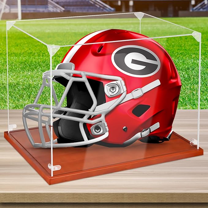 Clear Acrylic Helmet Display Case with Wood Base & Tee, Memorabilia Stand Cube Holder, Dust Protection Transparent Storage Box for Single Helmet Souvenir Collections