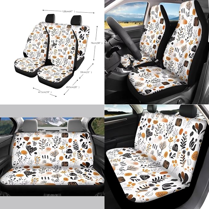 Car Seat Covers 13PCS Car Accessories Steering Wheel Covers+Seat Belt Pads+Coaster+Key Ring+Lipstick Holder Auto Interior Decor,Black, Abstract Boho Geometric Art Print