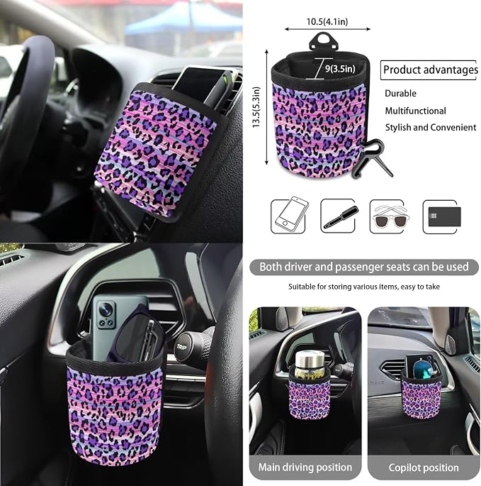 Leopard Print Car Accessories Seat Covers Full Set of 15, Soft Comfy Front and Rear Seat Cover with Safety Belt Pads Steering Wheel Cover Trash Can Car Air Vent Organizer
