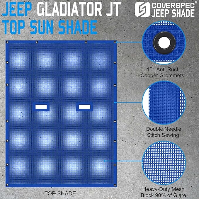 JT Top Sun Shade Roof Compatible with Jeep Gladiator 4 Door 2018 to 2023 Sunshade Sunroof Bikini Cover Blocks UV Wind Noise Blue Mesh for Full Length