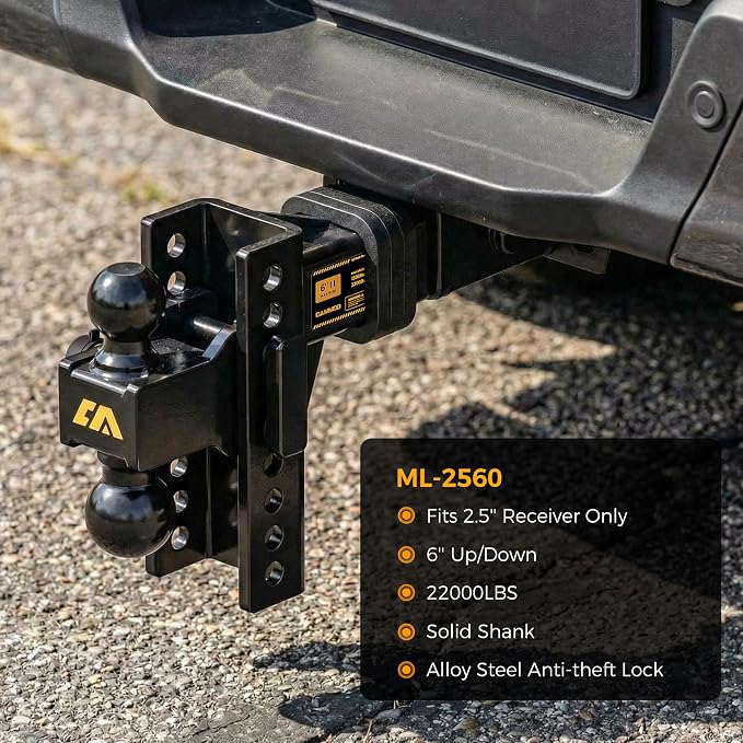 CAMMOO Adjustable Trailer Hitch, Tow Hitch Fits 2.5 inch Receiver, 6 inch Rise/Drop Hitch, 2" and 2-5/16" Ball Hitch, 22000 LBS GTW Truck Hitch with U-Shaped Alloy Steel Anti-Theft Pin, Black