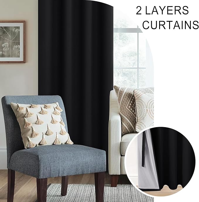 XWZO 100% Blackout Window Curtains - Thermal Insulated & Noise Reduction Black Liner Ring Top Window Treatment Sewn with Tiebacks for Bedroom/Living Room, Black, W42 x L63, Set of 2
