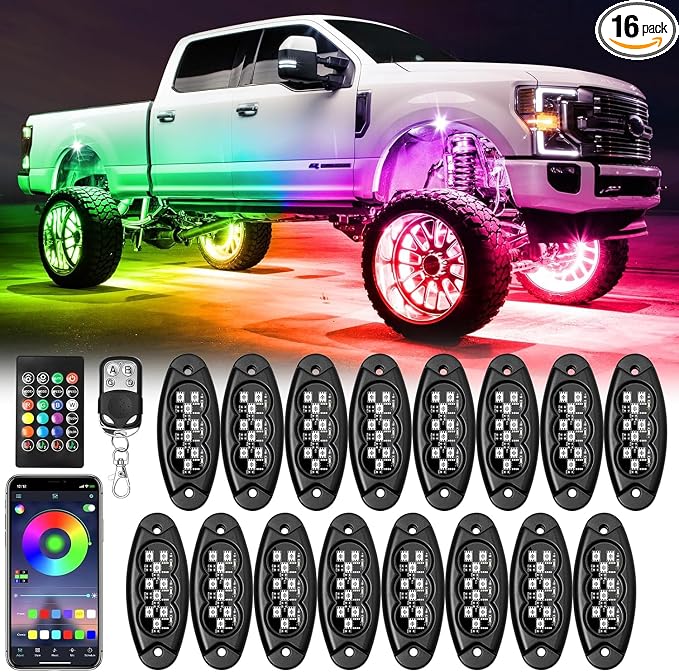 16 Pods LED Multi Chasing Color Rock Lights, APP/RF Control Waterproof Underglow Music Mode Off Road Exterior Kit with Brake Turn Signal for Trucks Jeep ATV UTV RV Boats