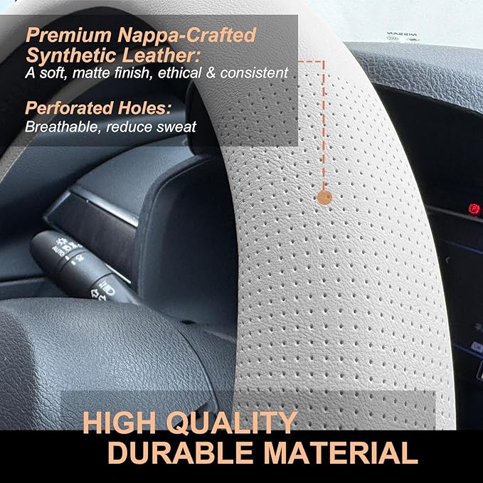 PINCTROT D Shaped Nappa Leather Steering Wheel Cover, Slim Fit No Bulk Design, One Piece Leather with Breathable Perforation, Fit Like Gloves, Flat Bottom 14.5-15 Inch(Nappa White)