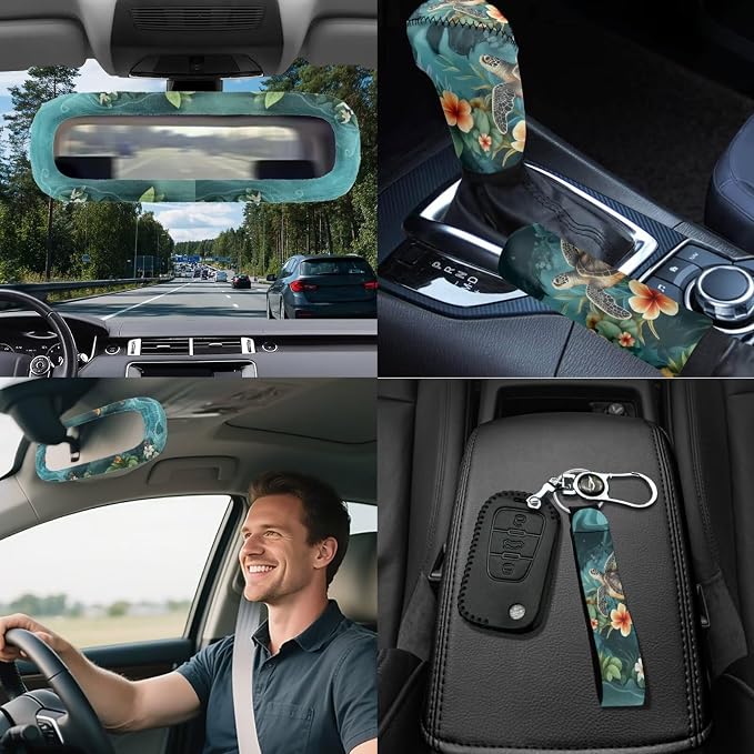 Sea Turtl Car Seat Covers Full Sets 18 Pack Universal Car Interior Accessories Sets with Sea Turtle Car Seat Belt Pads Cover Covers for Steering Wheel Car Trashcan Soft Car Headrest Covers