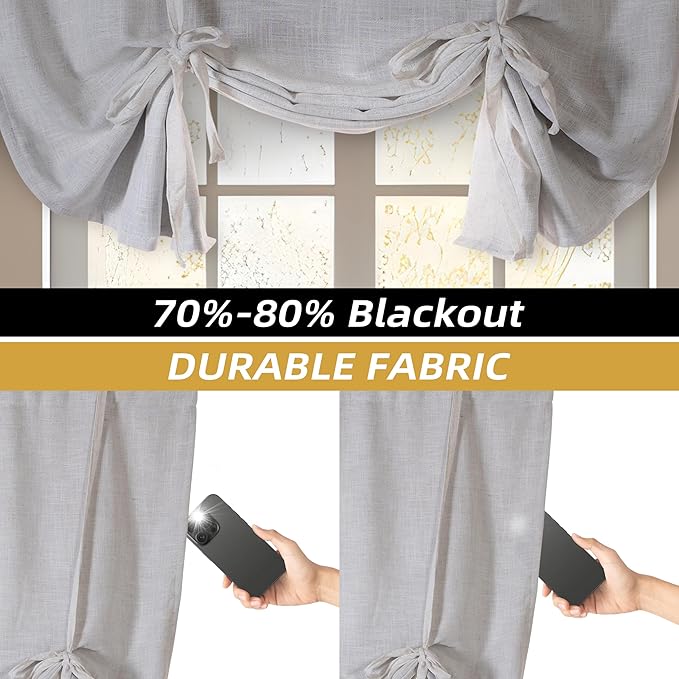 DriftAway Double Layer Linen Blackout Tie Up Curtains Thermal Insulated Fully Lined Balloon Roman Shade Bathroom Window Adjustable Rod Pocket for Small Window 25 Inch by 47 Inch Ivory