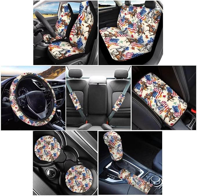 Wanyint Kentucky Horse Racing Car Seat Cover Full Set 12 PCS, with Steering Wheel Seat Belt Cover Armrest Pad Coasters Handbrake Gear Shift Knob Set Auto Accessories Decor, American Flag Horse Beige