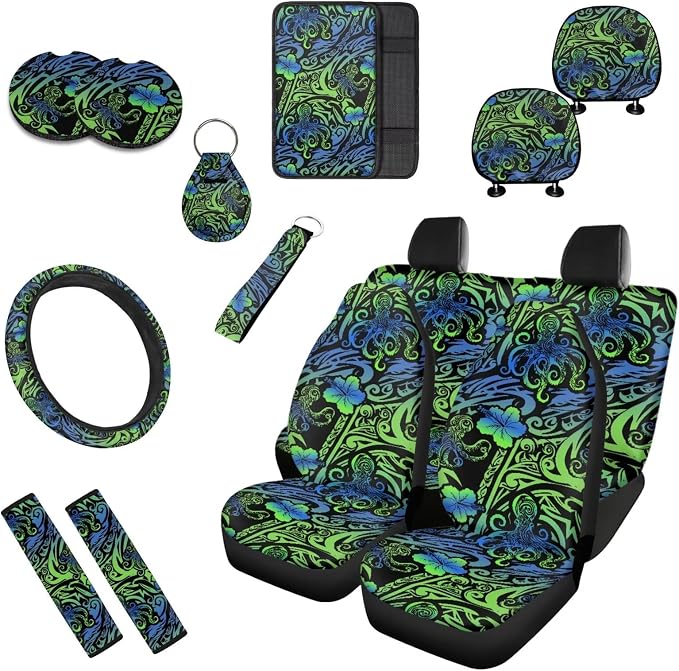 13 Pack Tribal Octopus Hibiscus Car Seat Covers, Ethnic Octopuses Car Accessories for Front Rear Seat Cover, Island Hibiscus Spiral Gradient Vehicle Headrest Cover