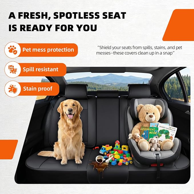 5-Seater Car Seat Covers Full Set Waterproof and Breathable Nappa Leather, Fit for Front and Rear Seats of Cars, Compatible with Airbags, Car Seat Protector Covers for Most Cars - Pure Black