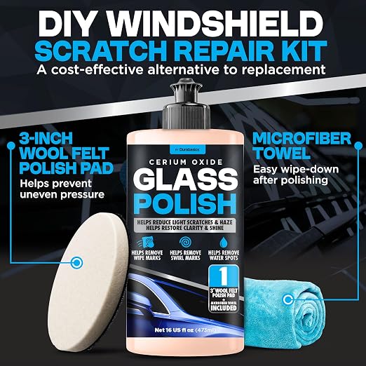 Durabasics Cerium Oxide Glass Polish – Glass Scratch Remover for Light Scratches, Haze & Wiper Marks on Windshields – Glass Polishing Compound with 3” Wool Felt Pad Kit – 16oz