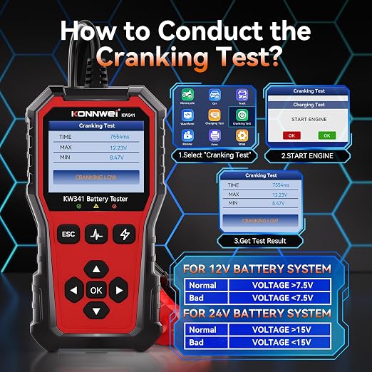 KONNWEI KW341 Car Battery Tester 6V 12V 24V Automotive Battery Load Tester Digital Battery Analyzer for Motorcycle Car Truck, Test SOH SOC CCA Resistance Voltage, Cranking Charging System Print