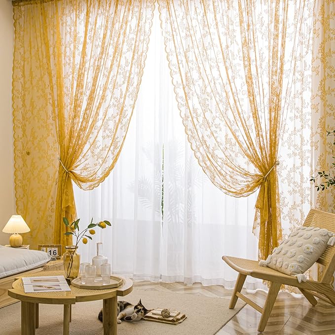 Sutuo Home Gold Lace Curtains Set of 2, Sheer Panels 72 Inch Length Floral Embroidery Vintage Voile Window Treatment Pair for Bedroom Living Room Kitchen, Shabby Chic Decor Rod Pocket, W57 x L72
