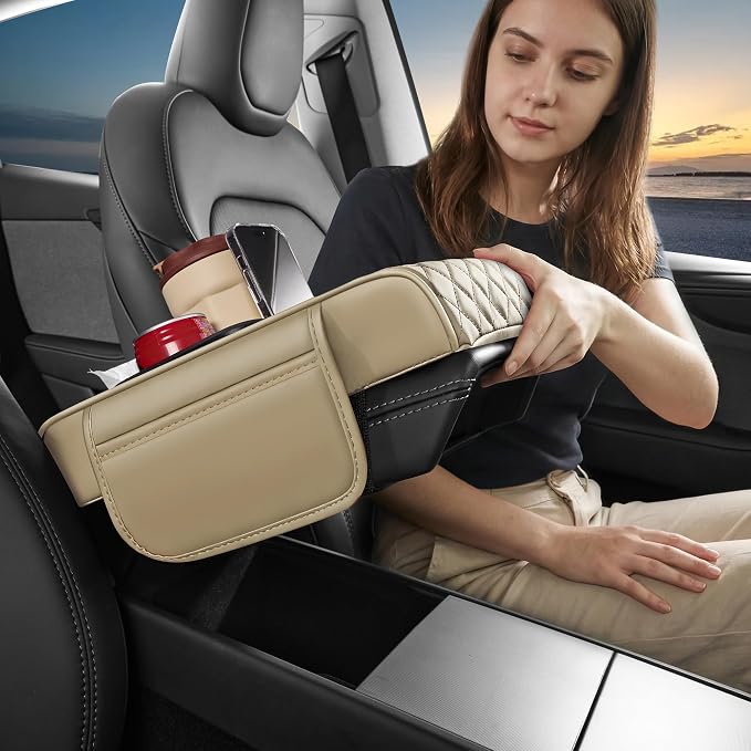 5 in 1 Nappa Leather Console Armrest Cover, Beige | Built-in cup holder, tissue slot, phone holder & 2 storage pockets, practical car accessories fit SUV sedan truck