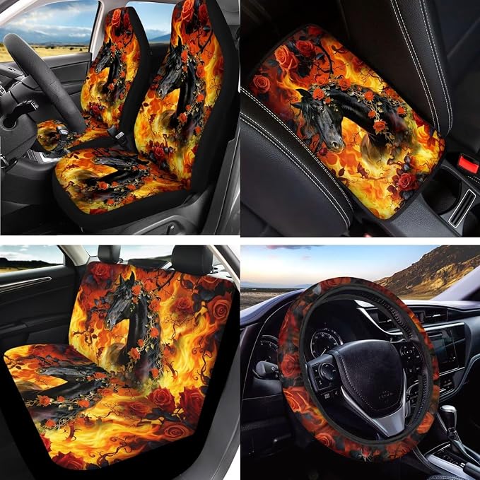 15 Pack Full Set Car Seat Covers Rose Horse Fire Print Car Front and Rear Seat Covers Steering Wheel Cover Seatbelt Pads Armrest Cushion Headrest Protectors, Easy to Install