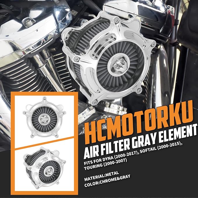 Air Cleaner Filter Aluminum Fit for Harley Touring Road King Street Glide Softail Sportster Dyna (Chrome Housing Grey Element, B For Touring 00-07,Softail 00-15,Dyna 00-17)