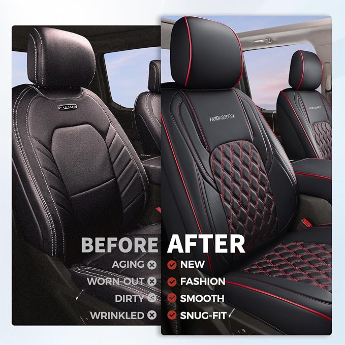 Huidasource Front Seat Covers for Wrangler JK 2007-2017, Waterproof Wrangler Leather Seat Cushion Covers Fit for Jeep Wrangler JK 2-Door/4-Door Rubicon Altitude Willys Big Bear (Front Pair/Black&Red)