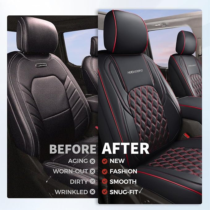 Huidasource Wrangler JL Seat Covers 4 Door, Leather Car Seat Covers Full Set, Custom Seat Cushion Protector Fit for Jeep Wrangler JL 4-Door 2018-2026 Without Rear Cupholder (Full Set/Black&Red)