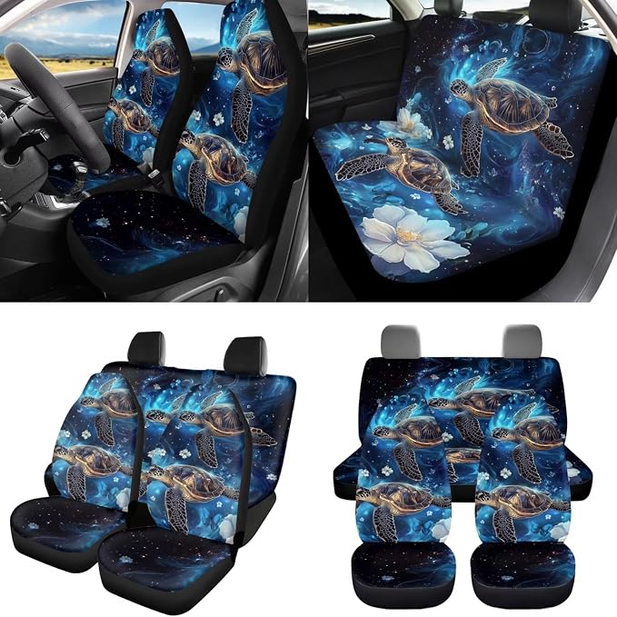 8 Pcs Galaxy Turtle Car Seat Covers Set for Women Universal Full Set with Steering Wheel Cover Armrest Pad Seatbelt Covers for Auto SUV Interior Decoration