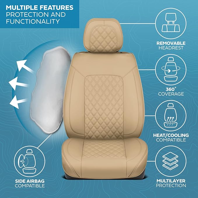 MotorBox Prestige Edition Napa Leather Seat Covers Full Set - Beige Car Seat Covers Front Seats and Back Car Seat Protector, Waterproof and Universal Fit for Most Small to Medium Autos, Trucks & SUVs