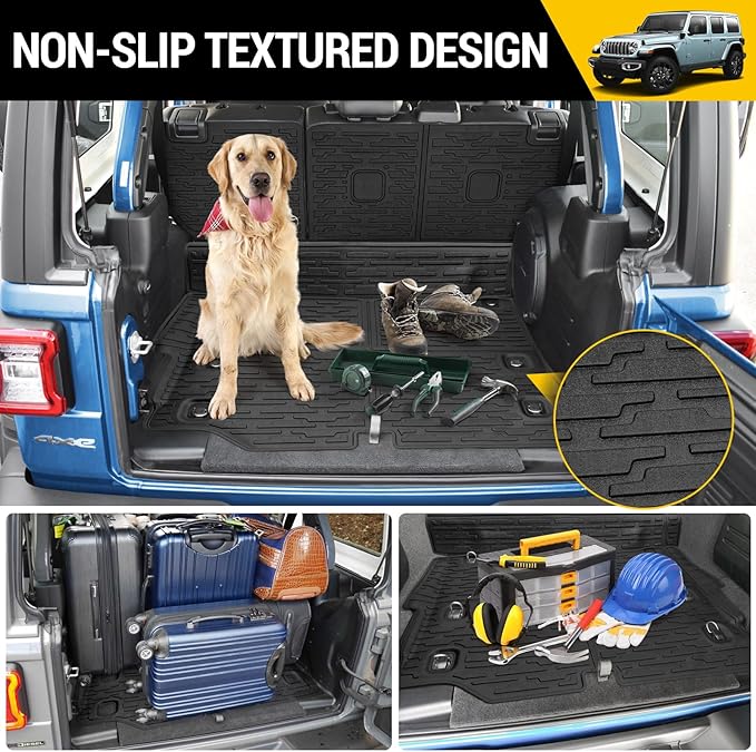 Cargo Mats & Trunk Net for 2021-2024 Jeep Wrangler JL 4XE Trunk Mat Backrest Liner with Cargo Net All Weather Anti-Slip Rear Back Seat Mats Cargo Net for Wrangler JL 4XE 4 Door Accessories