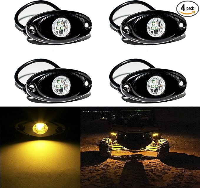 YONEDA 4 Pods Yellow Rock Lights 6000K 3LED Bright LED Underglow Lights IP68 Waterproof for Trucks SUV UTV ATV RZR Car Boats Pickup Motorcycle