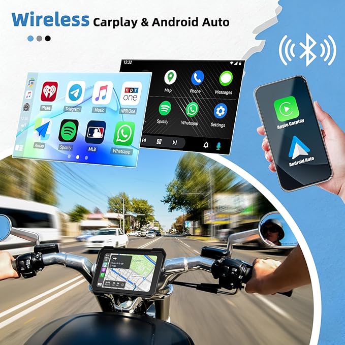 GPS CarPlay 5" IPS Motorcycle CarPlay Screen for Motorcycle with A-pple Wireless CarPlay & Android Auto, IP68 Waterproof, Supports Bluetooth,Navigation,S-IRI/G-oogle Assistant, Vioce Control, Bracket