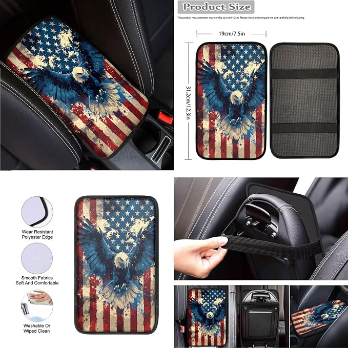 8 Pcs American Flag with Eagle Theme Car Accessories Set, Car Seat Covers Full Set with Auto Steering Wheel Cover Center Console Pad Seat Belt Covers, Patriotic Decorations