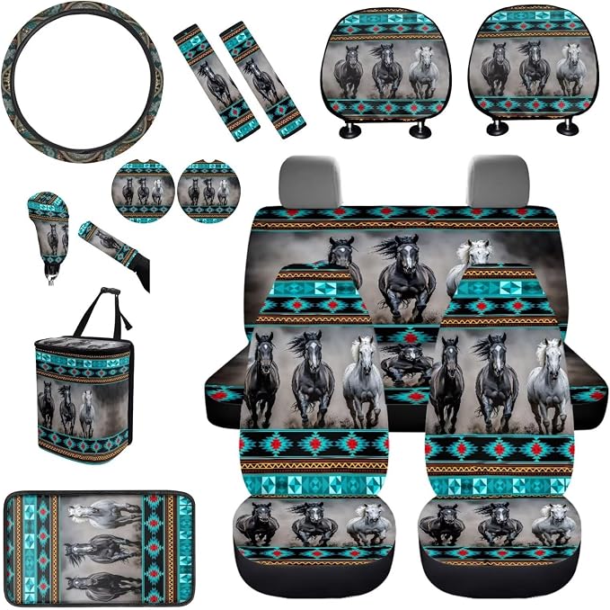BIGCARJOB Tribal Horse Car Seat Covers Full Set for Auto Interior Accessories 15-Pack Seat Protector Set Animal Horse Car Headrest Cover