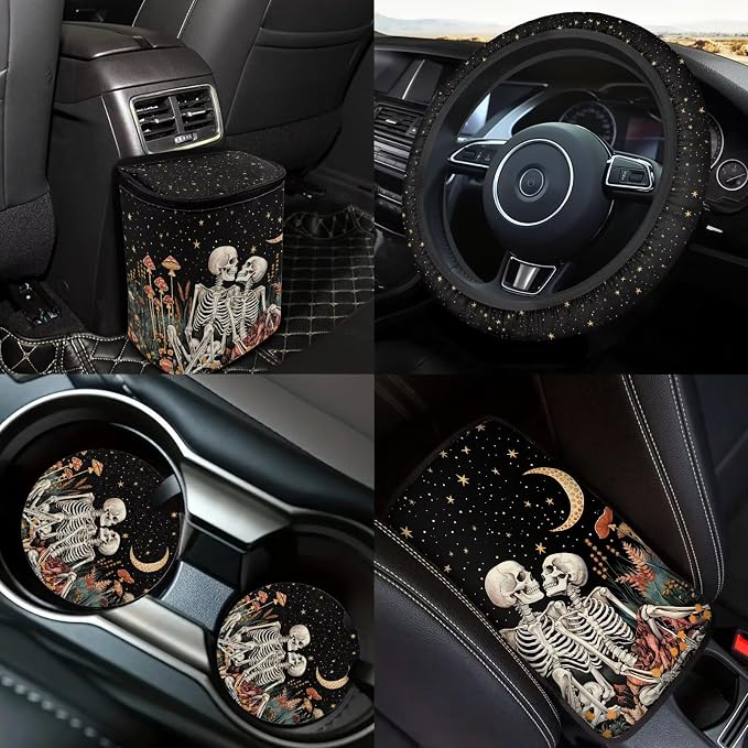 Skull Car Seat Covers Full Sets 18 Pcs Universal Car Interior Accessories Sets with Gothic Skeleton Steering Wheel Car Covers Washable Car Headrest Covers Hanging Car Trash Can,Universal Fit