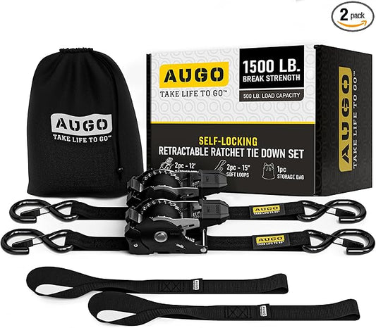 AUGO Self-Locking Retractable Ratchet Straps | 2 Heavy Duty Self-Tensioning Retractable Tie Down Straps with Soft Loops & Storage Bag | for Motorcycle, Truck, Cargo | 1500Lb Break Strength 1” x 12’